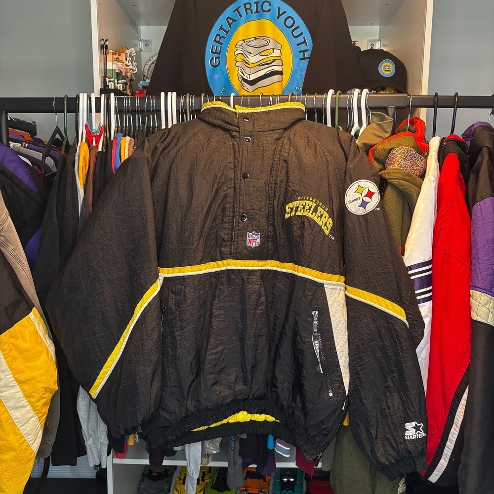 Vintage Pittsburgh Steelers Starter NFL Pullover Jacket Black Yellow Made Korea